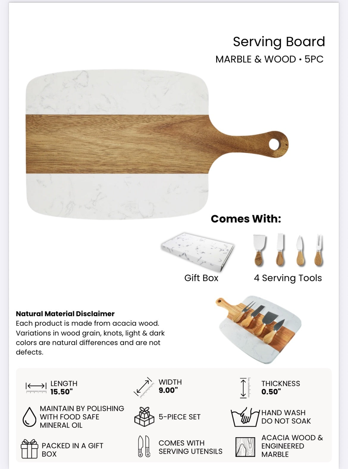 A serving board set listing on a white background showing a large marble and wood serving board, smaller board pieces, four serving tools, a gift box, dimensions, care instructions, and a 5-piece set.