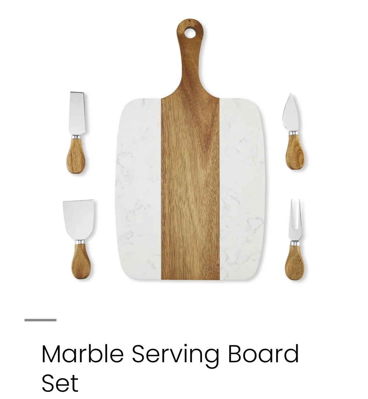 Marble serving set includes a rectangular serving board with a white marble pattern and a natural wood center stripe, plus four serving utensiles 